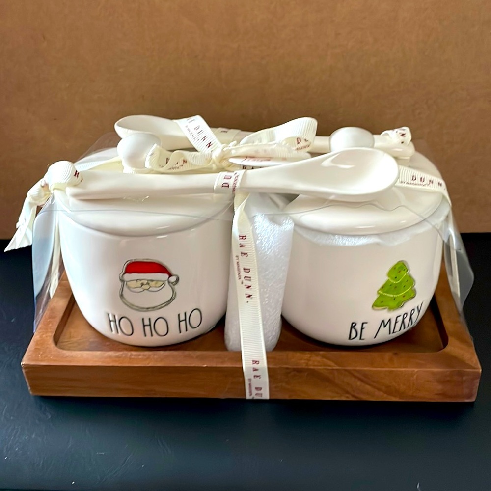 Rae Dunn HO HO HO and BE MERRY Jar Spoon Holiday Christmas Set NWT